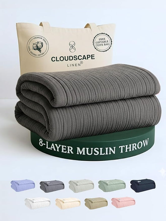Cloud Scape Linen Extra Large 8 Layer Muslin Throw Blanket - 100% Cotton Gauze, Soft and Breathable, Winter Blanket for Couch, Sofa and Bed, Idea, 50x70, Dark Grey