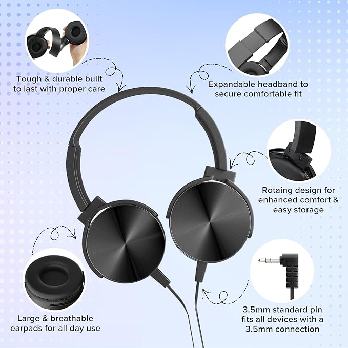 24 Pack Bulk Headphones for Classroom,Adjustable Wired Black Over-Ear Headsets with 3.5 mm Plug for Kids Students School Library Museums Charity Donate (HTC004 Black)