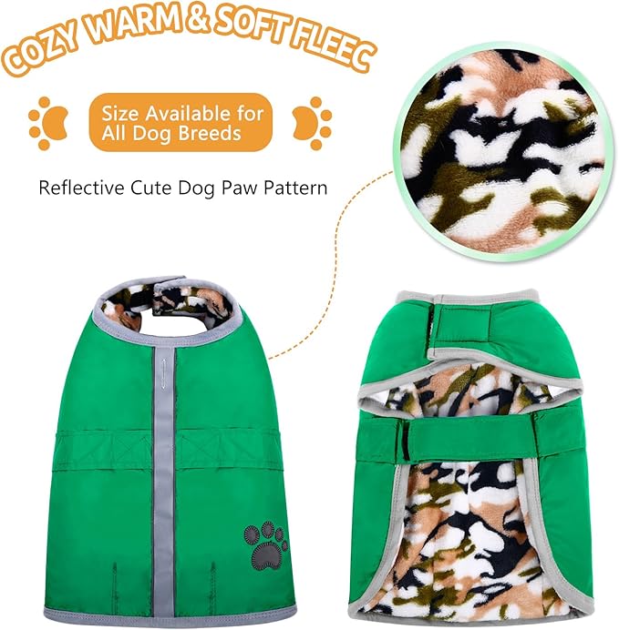 Queenmore Dog Winter Coat, Cold Weather Fleece Jacket for Dogs, Waterproof Reflective Reversible, for Small, Medium and Large Dogs (Green, M)