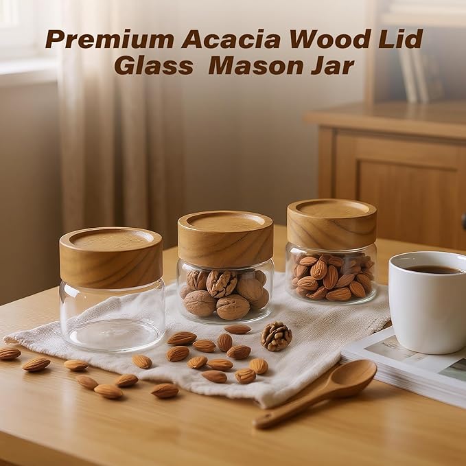 Zoaiirte 2-Pack 4 oz Leakproof Mason Jars with Airtight Acacia Wood Lids - Small Glass Food Storage Containers for Overnight Oats, Spices, Snacks, Kitchen Pantry Organization