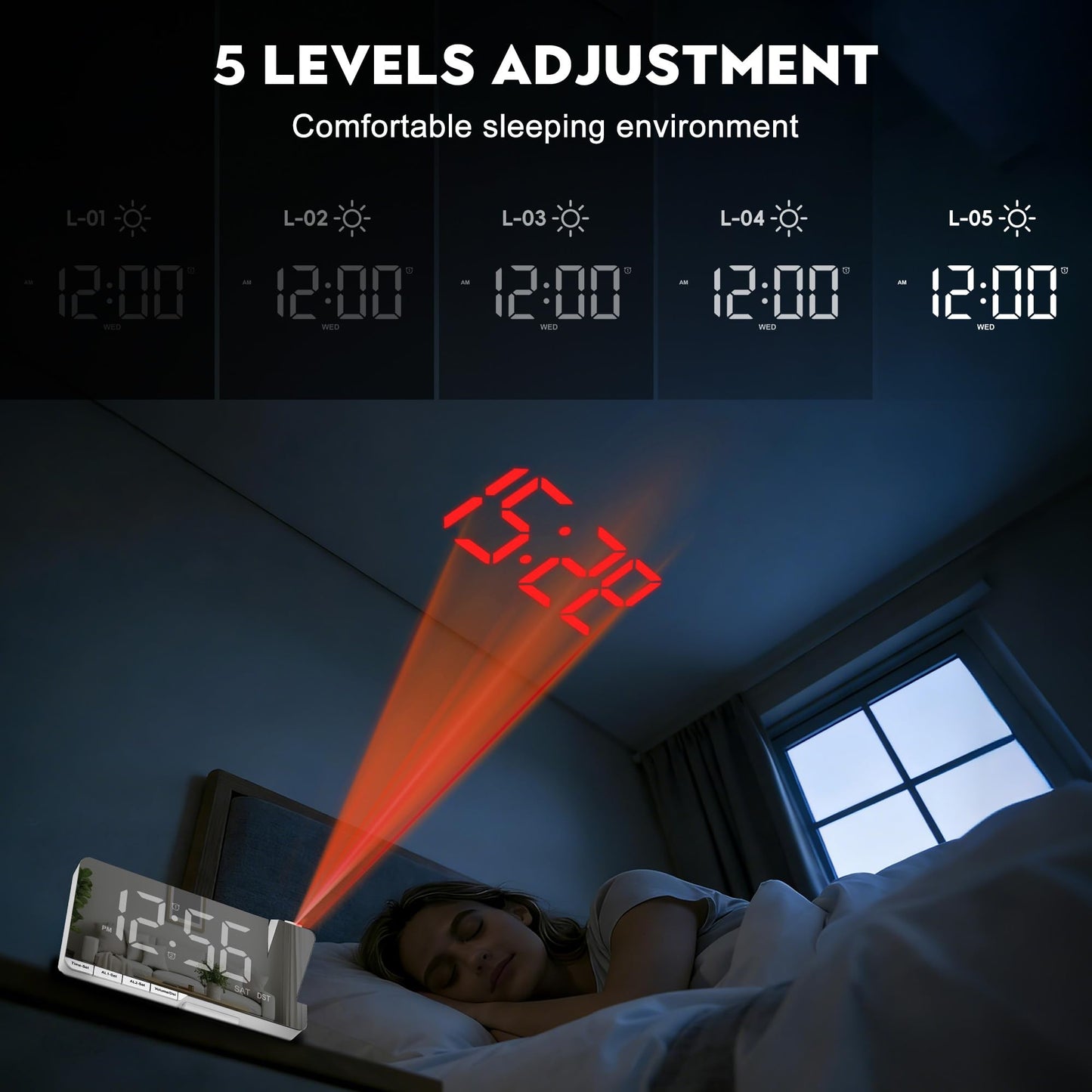 Amgico Projection Alarm Clock,Digital Clock with Projection,7.3" Mirror Clock with 180°Rotating Projector,Dual Alarm with 3 Mode,Bright Adjust,DST,Snooze,Charging Port,5 Levels Volume for Desk Teens
