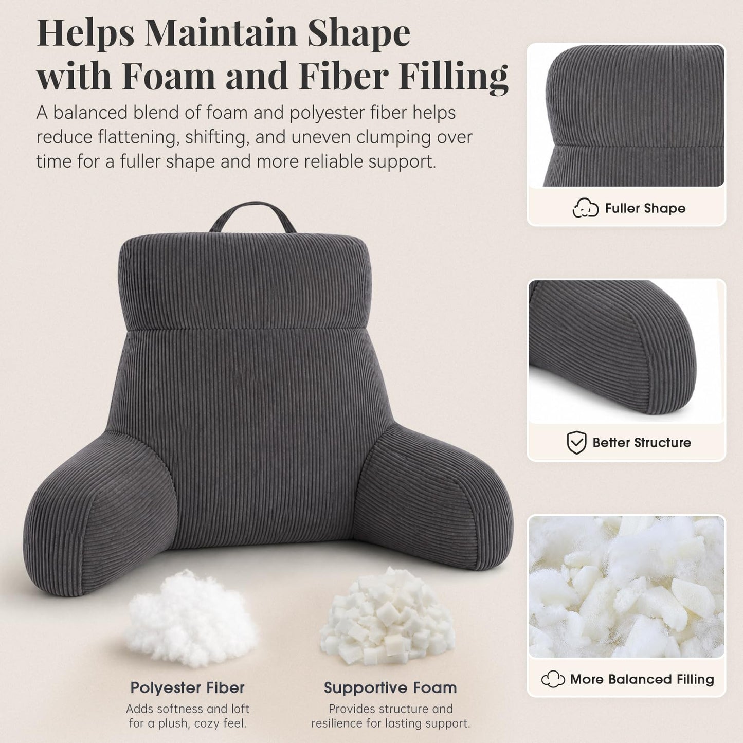 Eastsnow Reading Pillow with Arms, Bed Rest Back Support Pillow for Sitting Up, Large Backrest Cushion for Couch, Sofa or Floor, Ideal for Reading, Relaxing and Lounging at Home (Slate Gray, 18inch)
