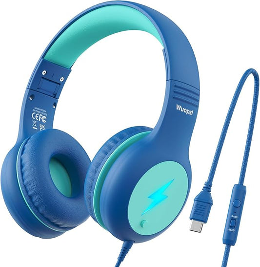 Kids USB C Headphones for School, 2025 Upgrade Safe Listening Wired Over-Ear Headphones with LED Lights, Volume Limiter & Microphone, Foldable Design for iPhone 16, iPad, Tablet