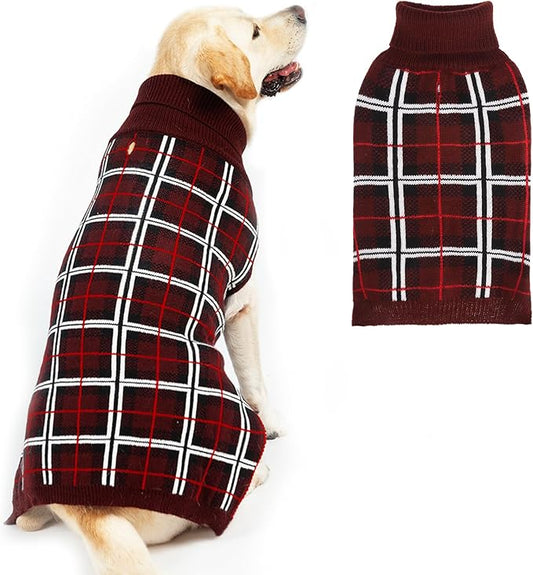 PUPTECK Dog Christmas Sweaters for Large Medium Small Dogs - Fall Classic Plaid Style Puppy Holiday Winter Coat Clothes Warm, Deep Red, XL