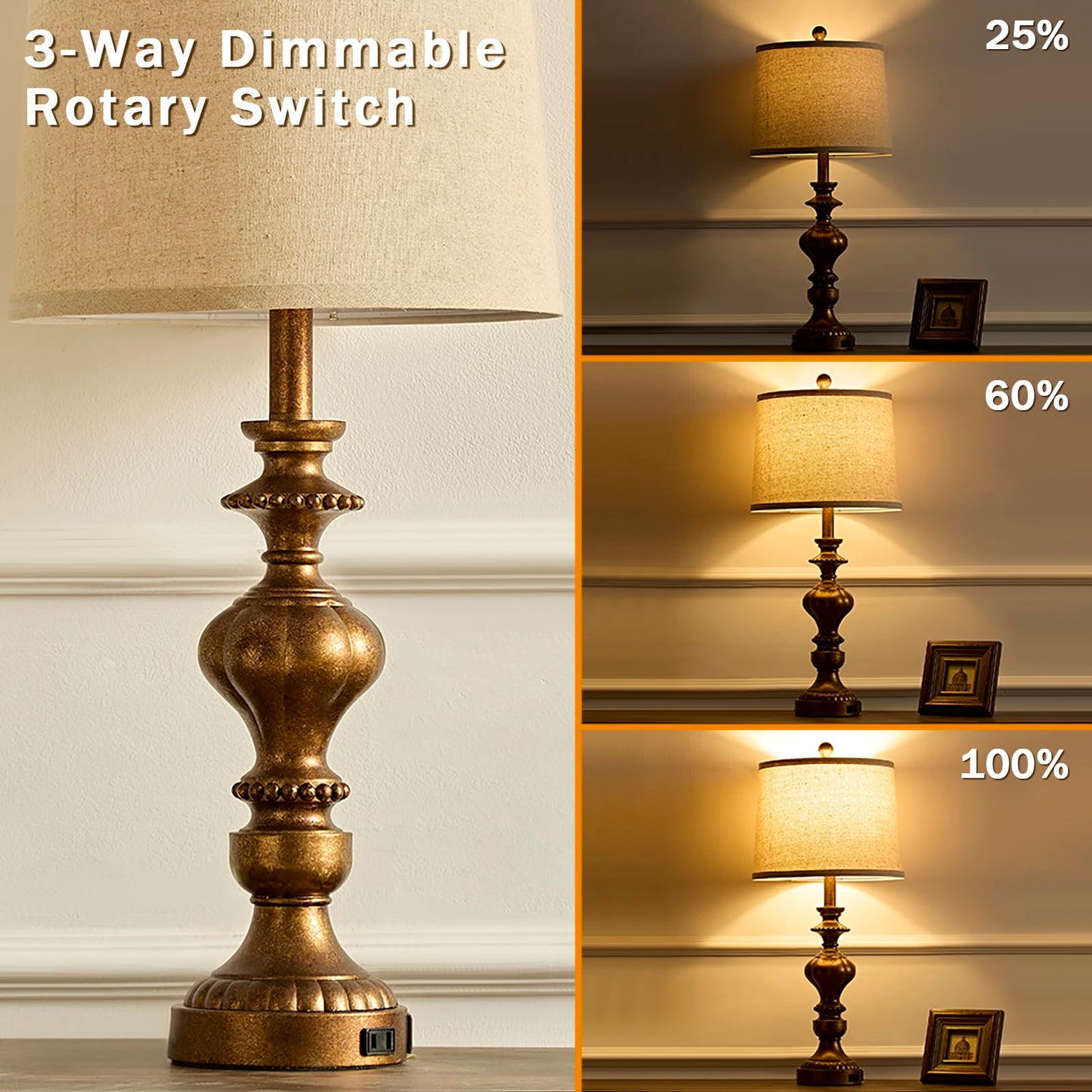 SAIWEYA 27.5" Farmhouse Table Lamps Set of 2 Bedside Nightstand Lamp with USB C+A Ports & AC Outlet, 3 Way Dimmable Touch Lamps for Bedroom Living Room Office Rustic Lamp