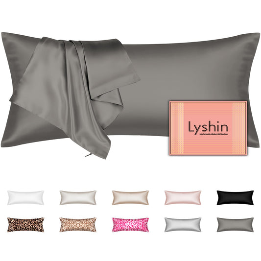 Silk Body Pillow Cover with Zipper, Mulberry Silk Pillow Cases Body Size, Ultra Smooth and Soft Breathable Cooling Silk Satin Body Pillowcase for Hair and Skin, Dark Grey (20x54 Inches, 1 Pack)
