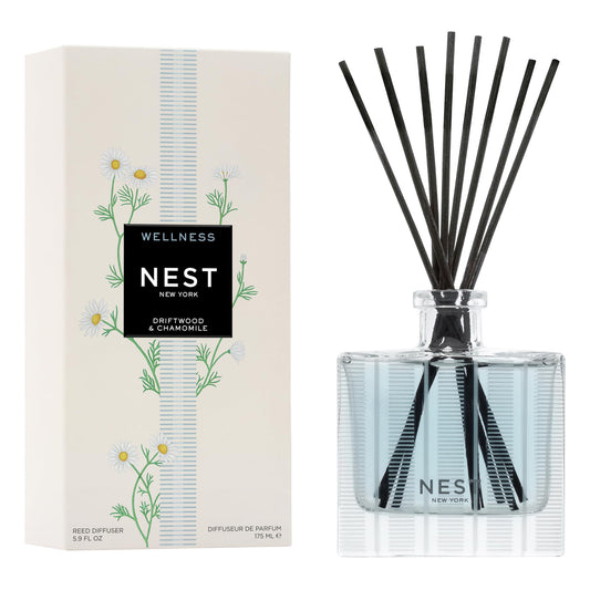 NEST New York Reed Diffuser, Driftwood & Chamomile - The Wellness Collection - 5.9 fl oz - Fragrance for Up to 90 Days - Reusable, Refillable Glass Holder - Includes 8 All-Natural Reed Sticks