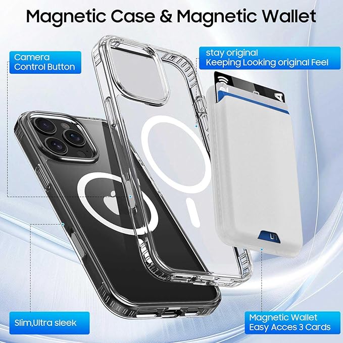 Ntwinro Magnetic for iPhone 16 Pro Clear Case (Compatible with MagSafe) with White Detachable Wallet & Card Holder for 3 Cards [RFID Blocking] Military Grade Protective Slim Phone Cover