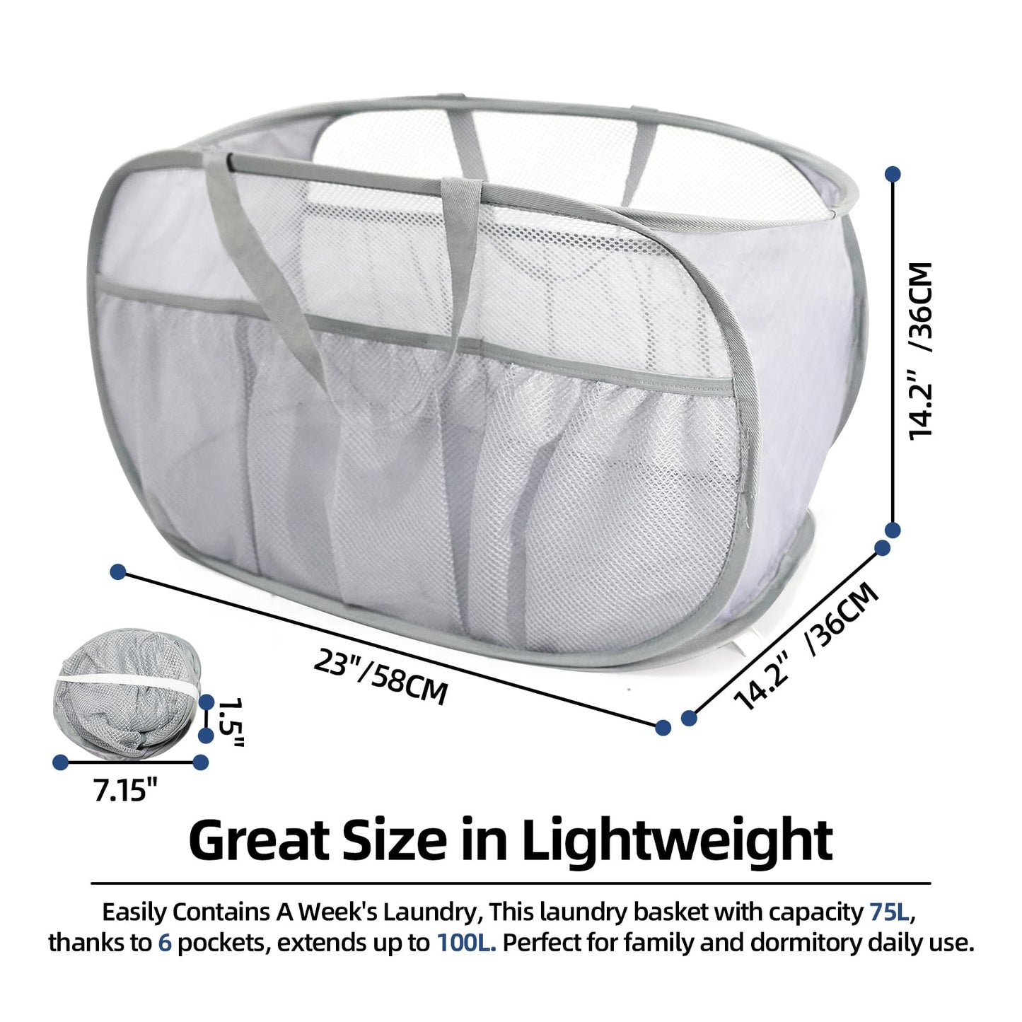 2 Pack Collapsible Laundry Baskets, Upgrade Pop Up Laundry Hamper with Convenient Bags, Foldable Laundry Basket Mesh Light Weight, Easy to Carry Clothes Hampers for Laundry, Dorm, Toys, Travel Grey