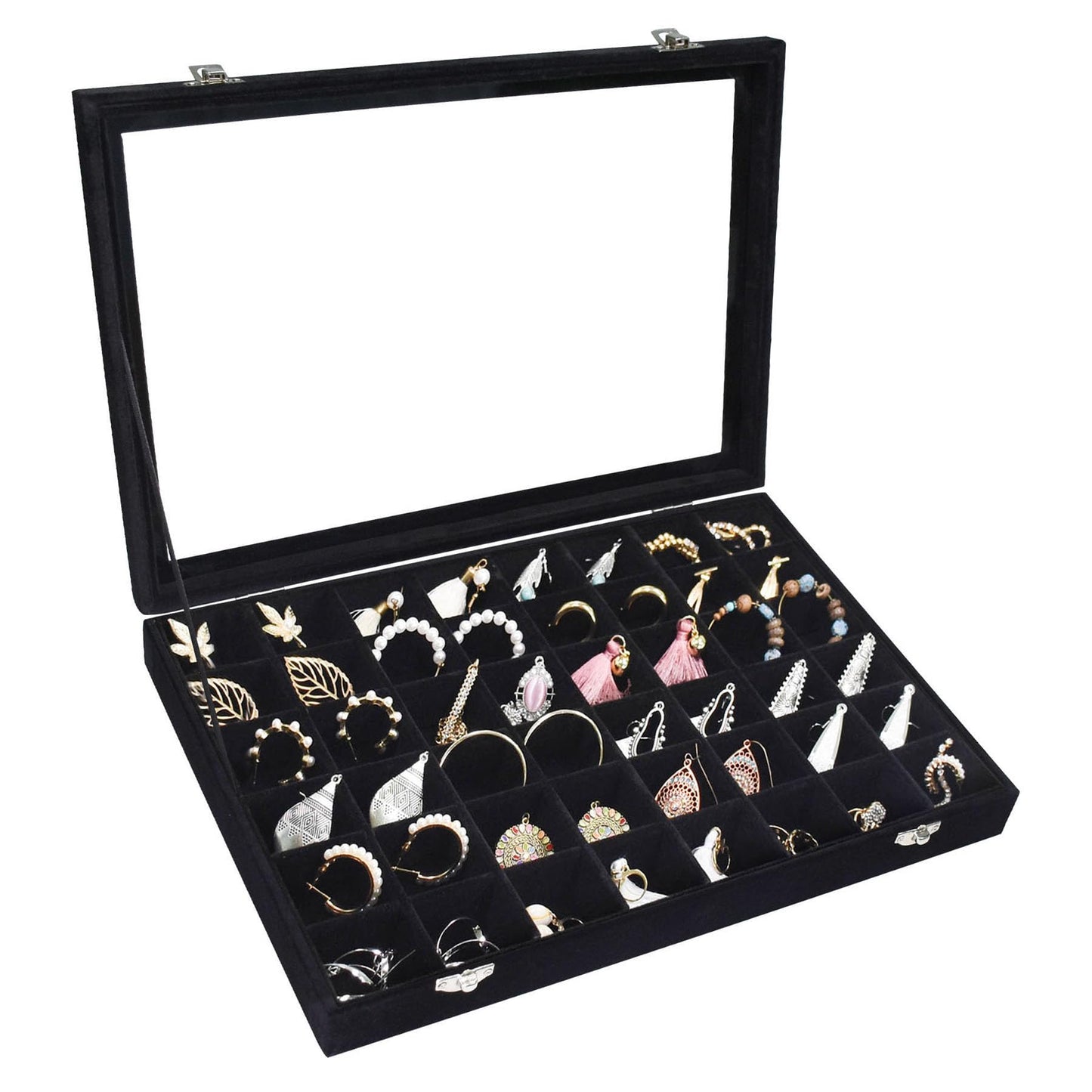Siveit Velvet Jewelry Tray 48 Grid Jewelry Display Tray Organizer Box with Transparent Lid Rings Earrings Necklaces Pendants Display Box Suitable for Women and Girls (Black)