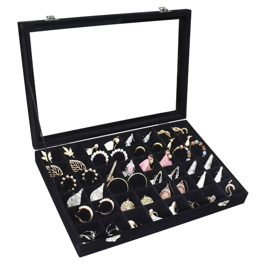 Siveit Velvet Jewelry Tray 48 Grid Jewelry Display Tray Organizer Box with Transparent Lid Rings Earrings Necklaces Pendants Display Box Suitable for Women and Girls (Black)