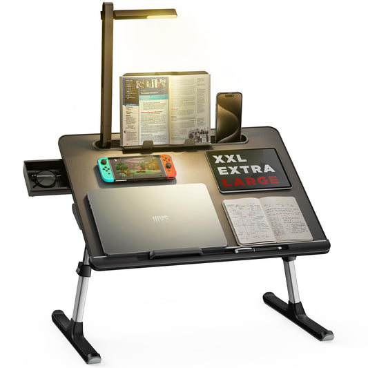 Laptop Bed Tray Desk with LED Desk Light, SAIJI Adjustable Laptop Stand for Bed, XX-Large PVC Leather Foldable Table with Book Stand,Wrist Rest, Extra Leg Room(Black)