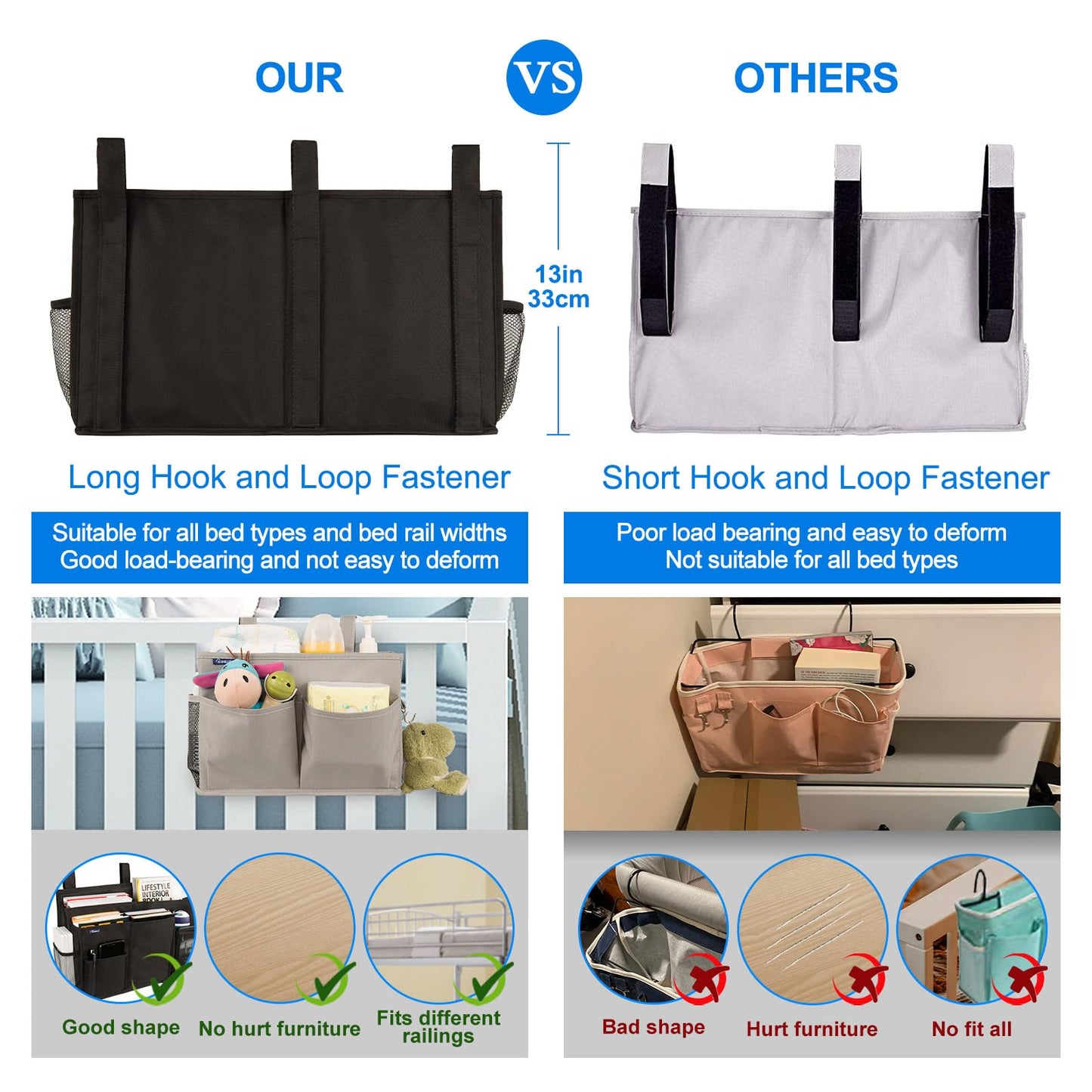 Surblue Caddy Hanging Organizer Bedside Storage Bag for Bunk and Hospital Beds, Black, L