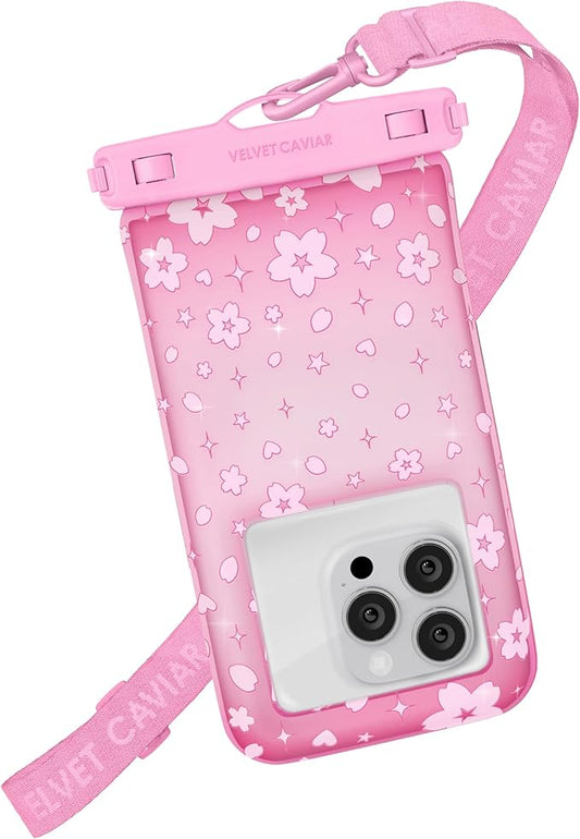 VELVET CAVIAR Waterproof Phone Pouch with Lanyard | IP68 Floating Case for iPhone & All Phones | Dry Bag for Snorkeling, Beach, Kayaking | Travel & Cruise Essentials for Women (Pink Cherry Blossom)
