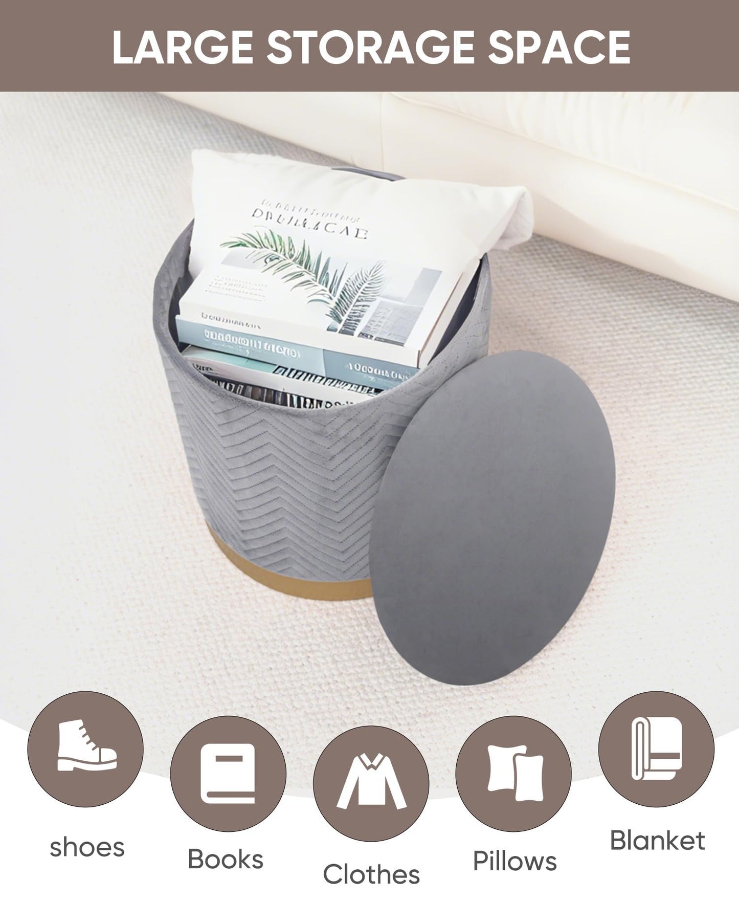 B FSOBEIIALEO Ottoman with Stroage, Round Velvet Storage Ottoman with Gold Plating Base,Foot Rest Stool for Dorm Room, Living Room Grey, 14.76"x14.76"x16.34"