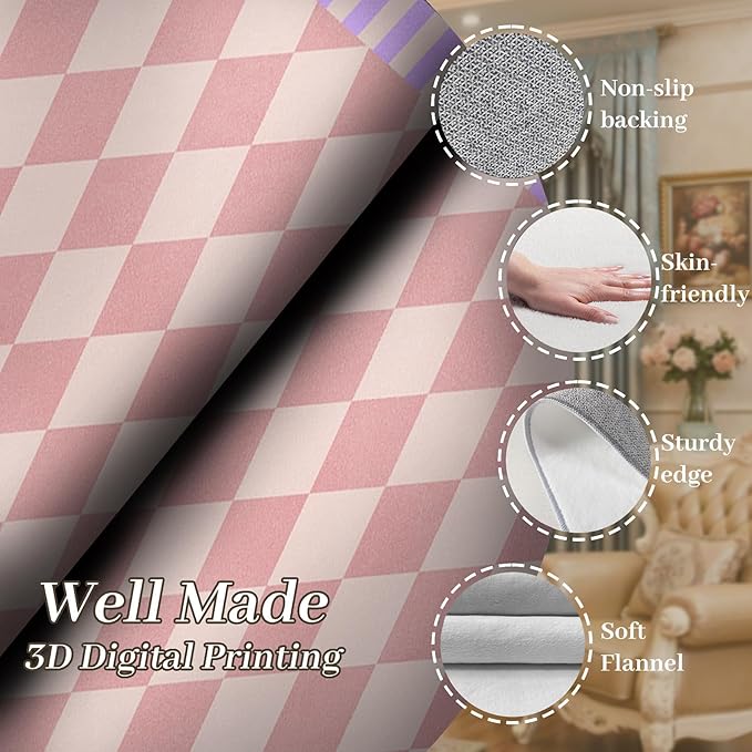 Pink Checkered Long Hallway Rug Runners, 2.6x10ft, Cute Girly Purple Geometric Design Bedroom Carpets for Girls, Fade Resistant Durable Pet Friendly Easy Clean Carpet for Indoor Porch