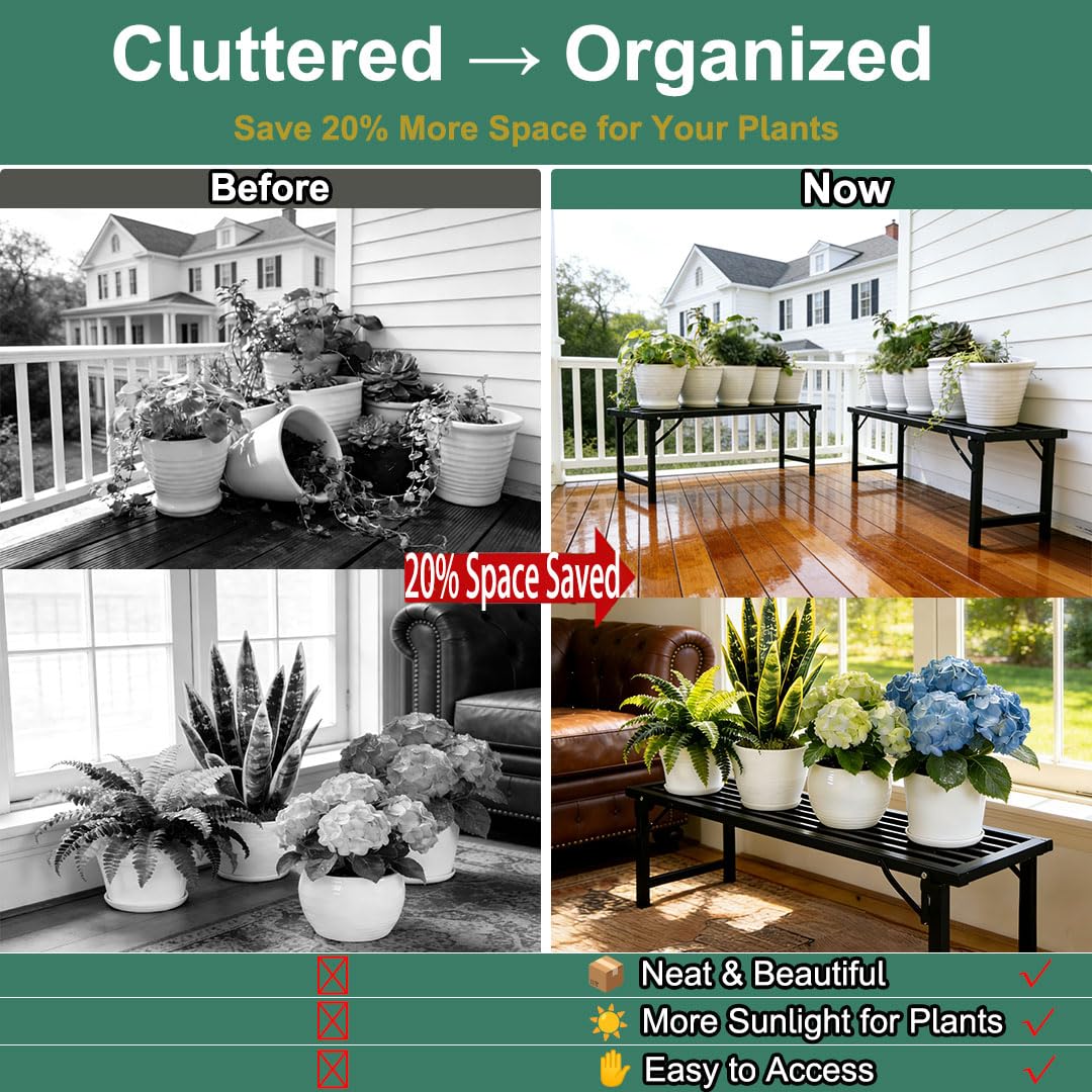 Foldable Plant Stand, No Assembly Heavy Duty Iron Plant Shelf, Rustproof Single Tier Plant Rack for Indoor Outdoor, Long Narrow Flower Stand for Patio Balcony Garden Living Room, 33" L x 9.7" W x 11.7" H