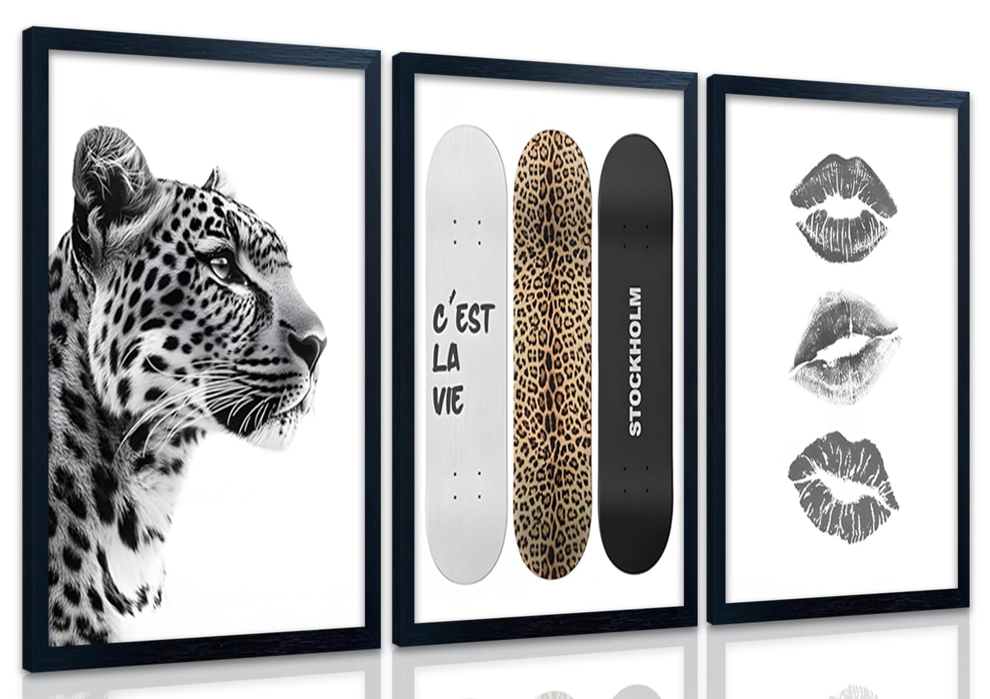 Framed Stockholm Style Canvas Wall Art Set of 3 Black and White Fashion Leopard Print Lips, Preppy Room Aesthetic Cheetah Wall Decor for Girls Bedroom Apartment or Dorm12x16 Inch Black Wood Frame