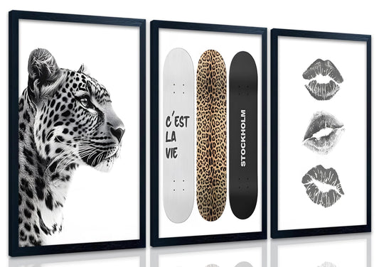Framed Stockholm Style Canvas Wall Art Set of 3 Black and White Fashion Leopard Print Lips, Preppy Room Aesthetic Cheetah Wall Decor for Girls Bedroom Apartment or Dorm12x16 Inch Black Wood Frame