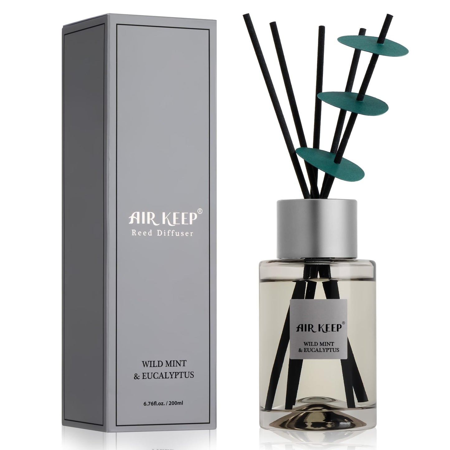 Airkeep Reed Diffuser/Grey Reed Diffuser Set/6.7 oz(200ml)/Wild Mint&Eucalyptus Oil Diffuser & Reed Diffuser Sticks/Home Decor & Office Decor, Fragrance and Gifts