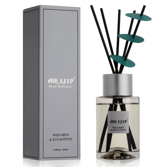 Airkeep Reed Diffuser/Grey Reed Diffuser Set/6.7 oz(200ml)/Wild Mint&Eucalyptus Oil Diffuser & Reed Diffuser Sticks/Home Decor & Office Decor, Fragrance and Gifts