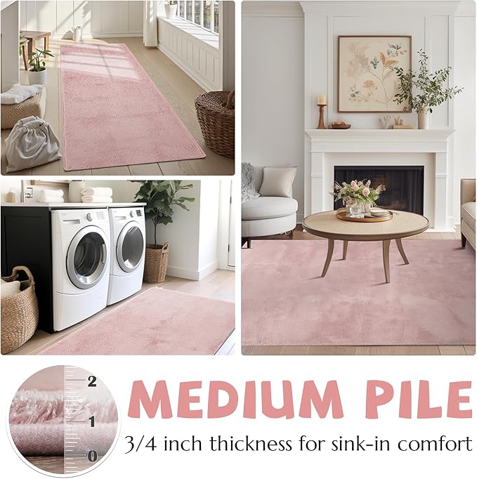 jinchan Solid Plush Area Rug 3x5 Performance Shaggy Washable Rug Indoor Soft Modern Faux Wool Cozy Non Slip Carpet for Living Room Kids Room Bedroom Dining Room Nursery Pink