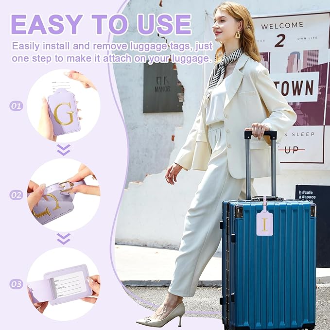 Personalized Initial Luggage Tags for Suitcase, Purple Leather Cute Luggage Tags with Privacy Cover Name Card, Embroidered Custom Monogrammed Luggage Tag Travel Backpack Tags Gifts for Women Kids(I)
