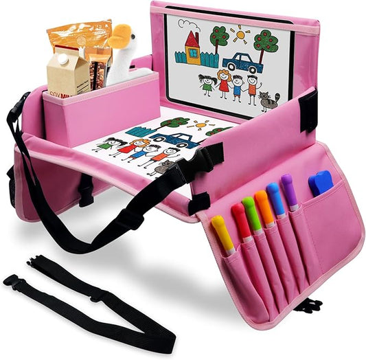 Julaiwy Car Seat Tray for Kids Travel, Carseat Tray for Toddler Road Trip Activities, Car Trays for Kids Road Trip Essentials, Travel Trays for Airplane, Toddler Car Seat Lap Table - Pink