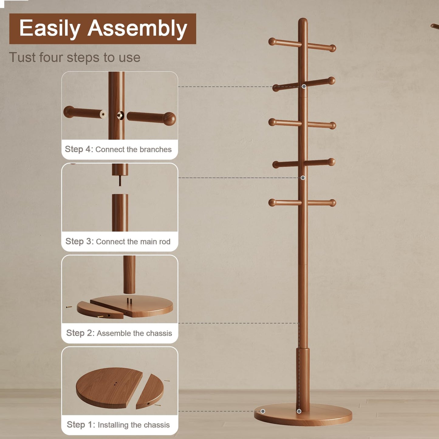 DONGMUWUJEE Solid Wood Coat Rack Freestanding with 10 Hooks, Coat tree freestanding 3 Adjustable Heights for coat, Hats, Handbags, Coat Stand for Entryway,Bedroom,office, Walnut