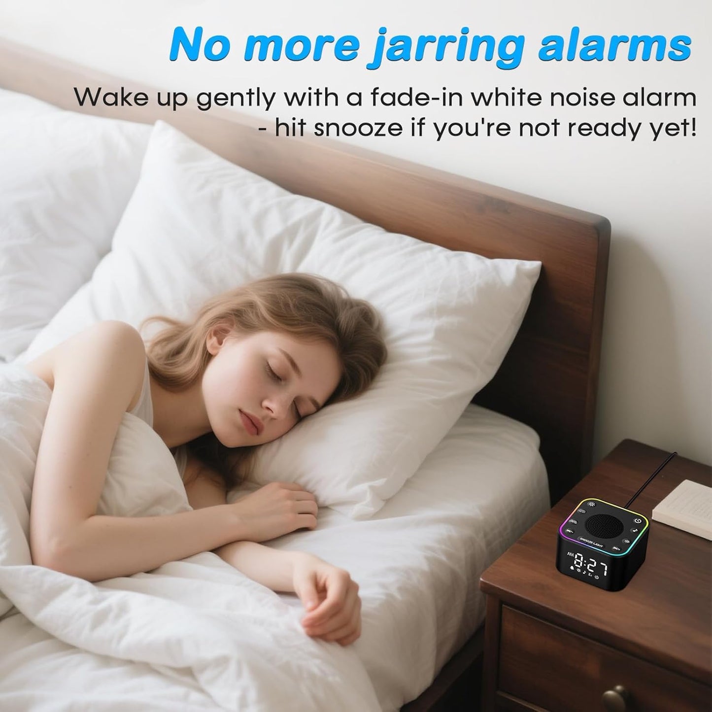2-in-1 Sound Machine & Alarm Clock: 30 Non-Looping White Noise & Nature Sounds for Fall Asleep Faster, 7 Gentle Wake-Up Alarms - Compact 10oz for Bedroom, Baby Nursery & Travel