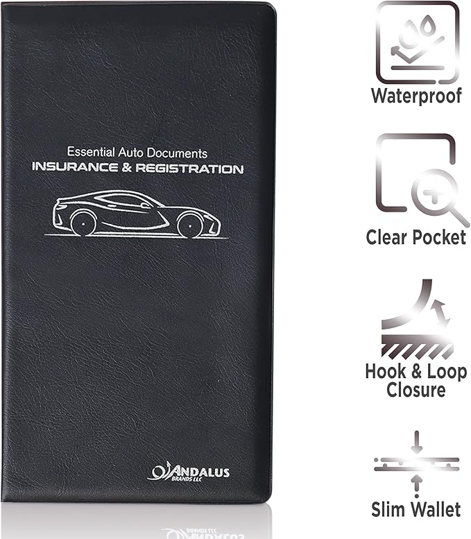 Andalus Auto Registration & Insurance Card Holder Pack of 2, Waterproof Essential Car Registration Holder with Hook & Velcro Closure, Perfect for Every Vehicles Glove Boxes (Black - 9.5" x 5.15")
