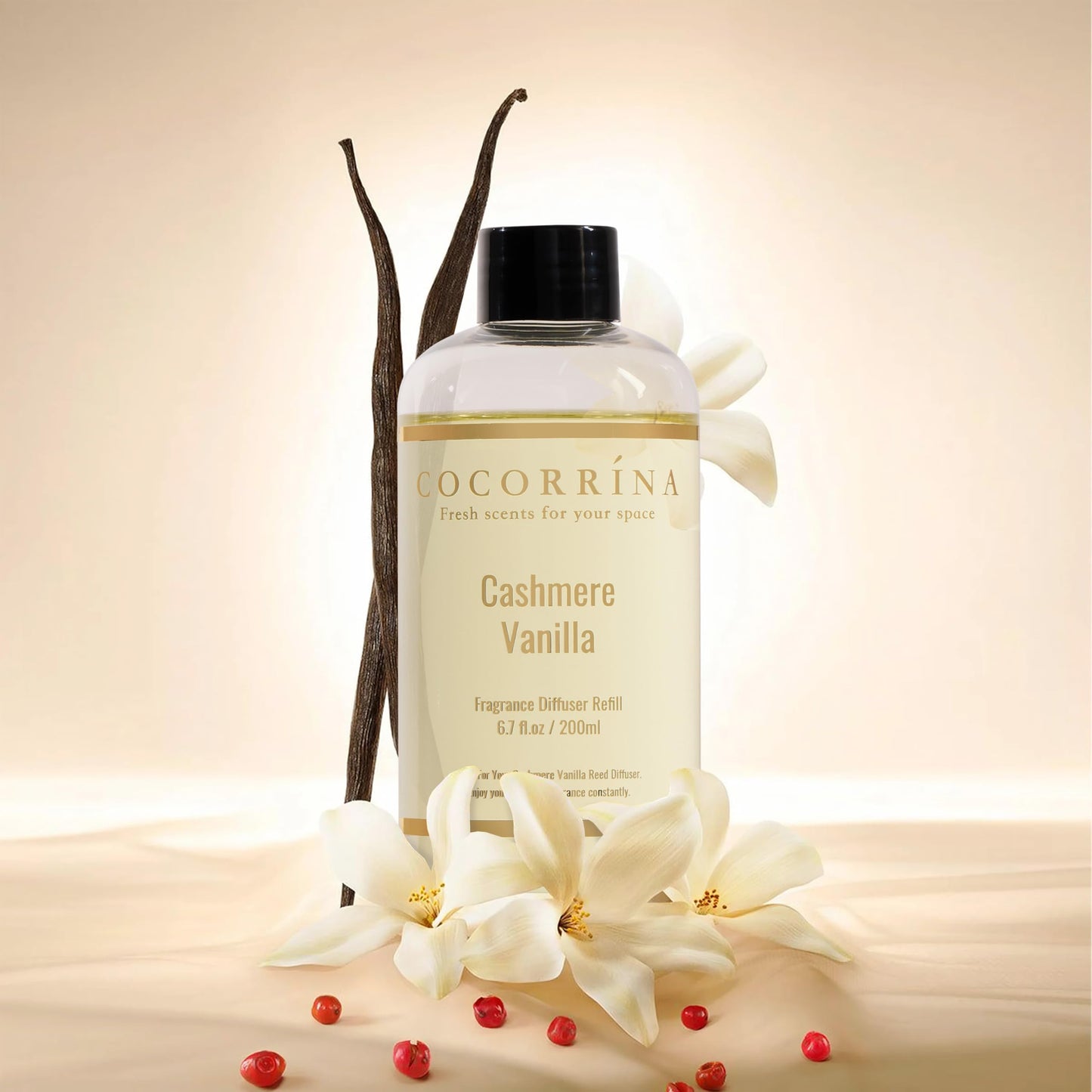 COCORRÍNA Reed Diffuser Refill - Cashmere Vanilla 6.7 Fl.oz Reed Diffuser Refill with 8 Sticks