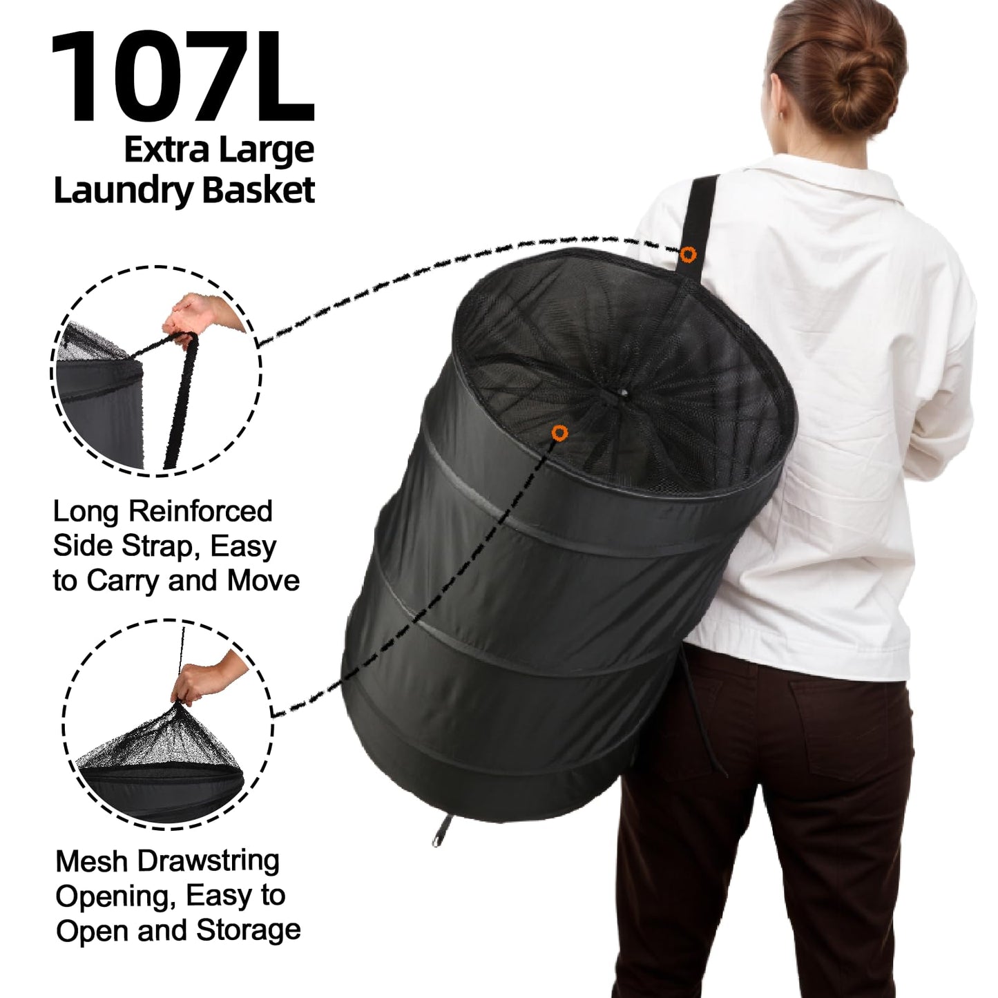 BATTOO Extra Large 107L Strong Laundry Hamper 17.5" x 27" Collapsible Laundry Baskets with Long Straps Drawstring Barrel Foldable Hamper for Laundry Room, Bathroom, Campout, College Dorm or Travel