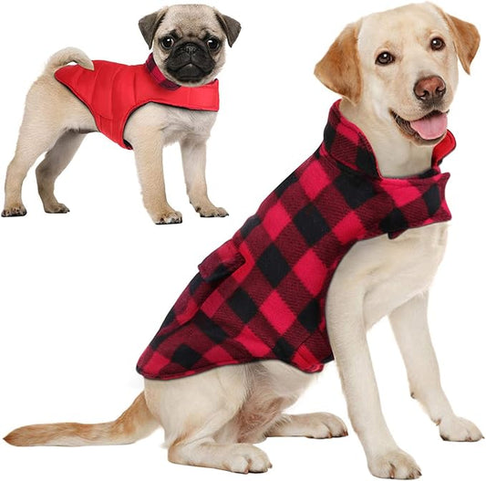 AOFITEE Dog Coat Plaid Dog Winter Coat for Large Dogs, Warm Dogs Jacket Christmas Sweater, Waterproof Pet Puffer Jacket, Reversible Pet Cold Weather Coats for Small Medium Large Pets, Red XL