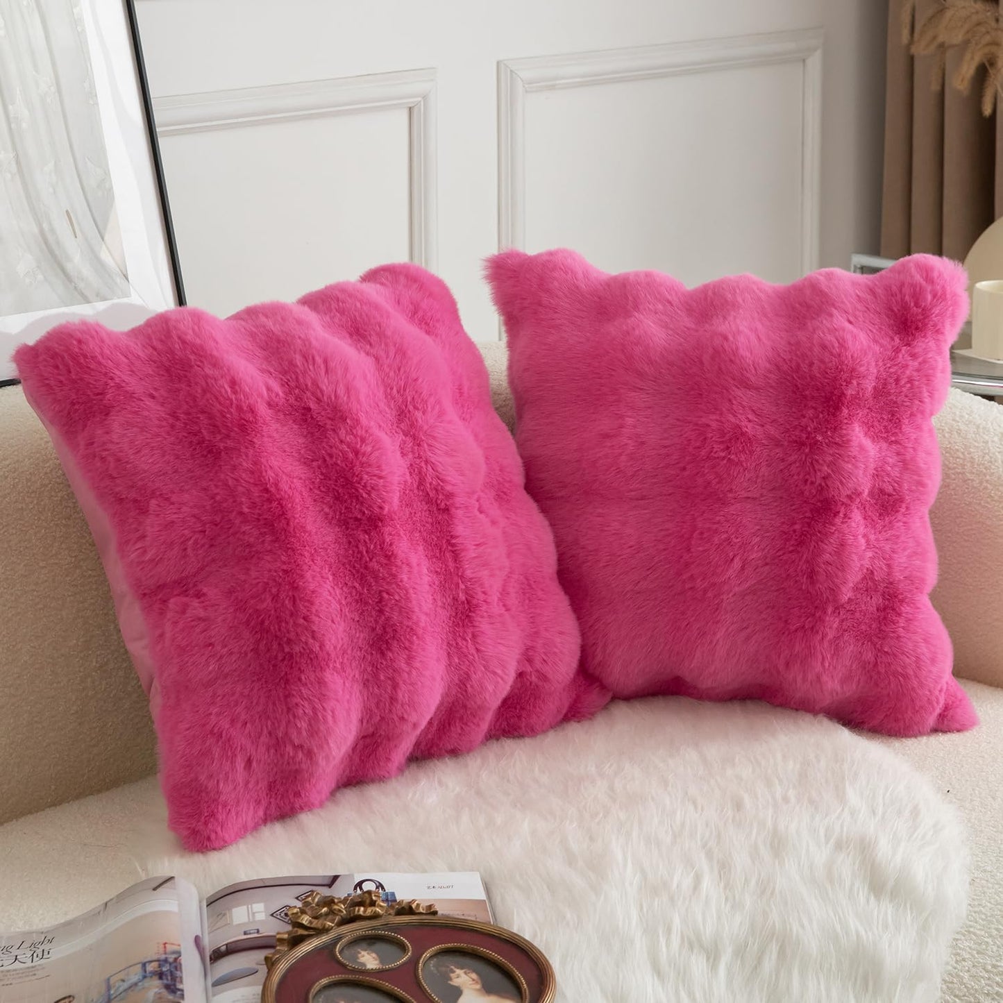 MANDIOO Pack of 2 Thick Plush Wool Decorative Throw Pillow Covers Super Soft Wave Bubble Fur Velvet Cushion Covers Pillow Shams for Couch Bed Living Room 16x16 Inch Hot Pink