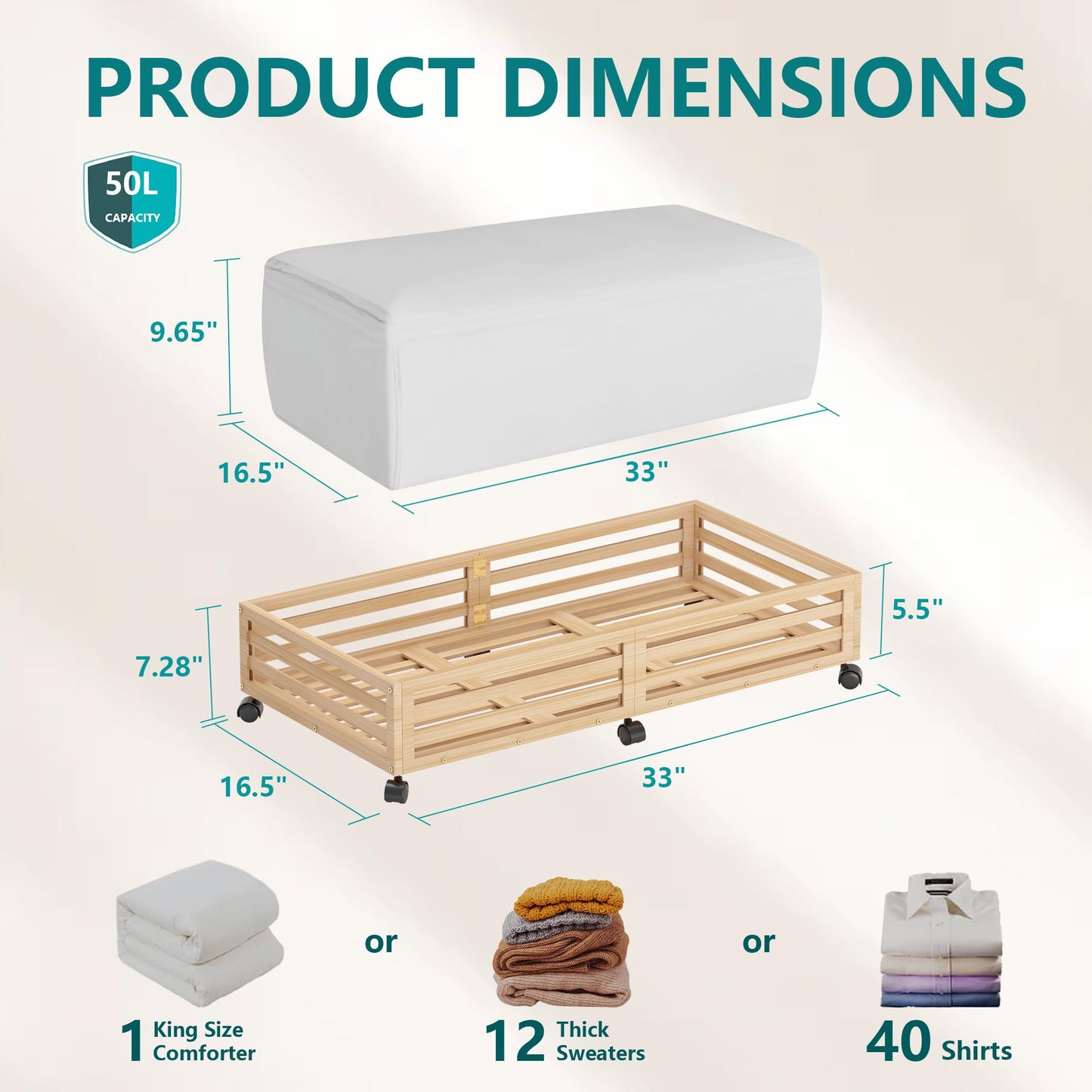 Wisuce Bamboo Under Bed Storage Containers- Underbed Organizer with Wheels with Dust Bag,Sturdy Wood Rolling Under the Bed Shoe Storage Organizer Drawers (Nature, 2 Pack (33.07"×16.54"))