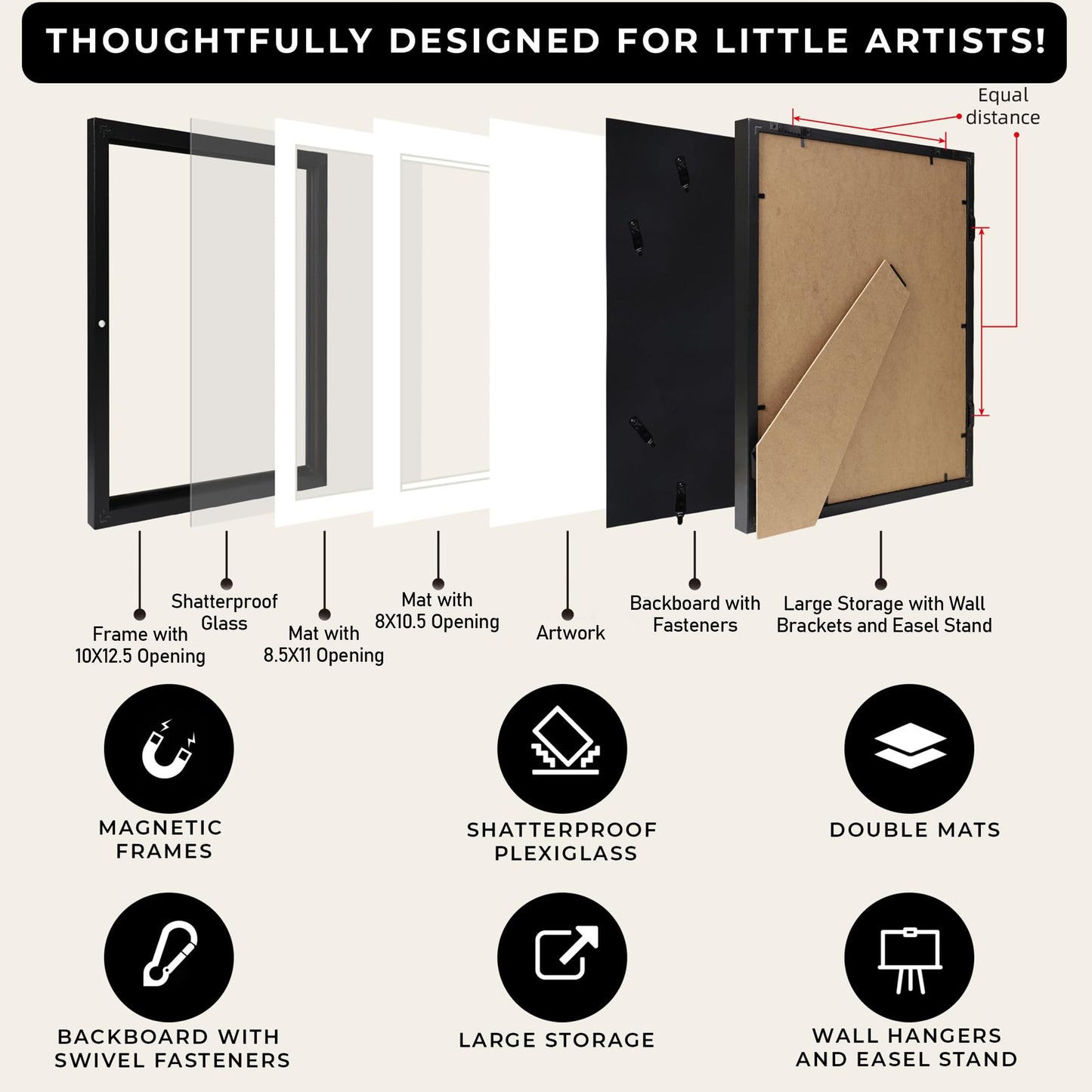 2-Pack Kids Artwork Frames Changeable 10x12.5 with Easel Stand, Hangers, Backboard, Shatterproof Plexiglass | 2 Mats Fit 9x12, 8.5x11, A4 Paper Sizes | Large and Easy-Access Kids Art Frame Display and Storage for up to 100 Sheets (Black)