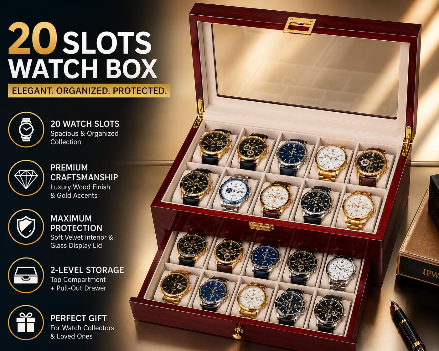 Craftilux High End 20 Slot Rosewood Watch Box for Men, 2 Tier Watch Organizer with Glass Display Lid, Velvet Lined Watch Case Storage for Up to 45mm Watches, Luxury Watch Holder Gift for Collectors