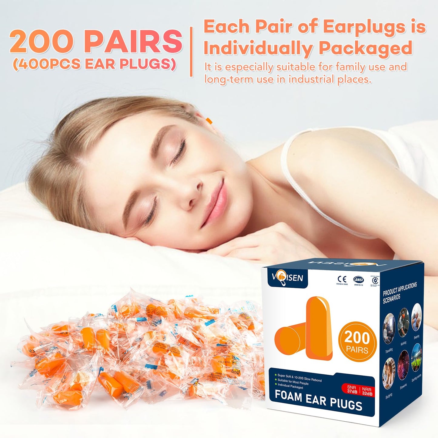 VOISEN Foam Ear Plugs,200 Pairs EarPlugs for Sleeping,32dB NRR 37dB SNR Ear Plug Noise Cancelling for Snoring, Studying,Traveling & Concerts, Individual Package