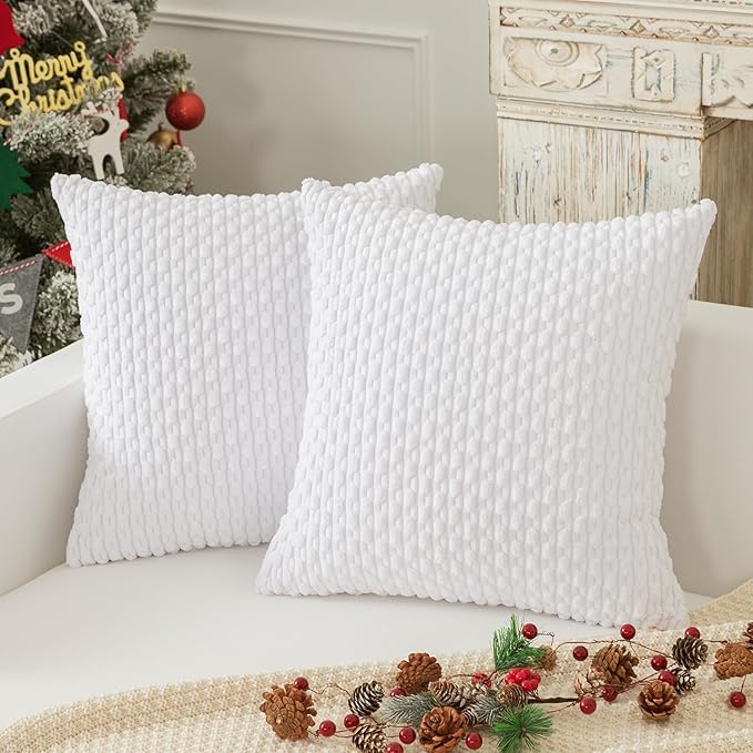 Kevin Textile 2 Packs Throw Pillow Covers for Couch Striped Velvet Cushion Covers for Chair 40x40 cm 16 x 16 Inch Pure White