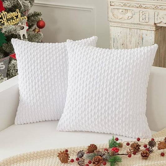 Kevin Textile Set of 2 Decorative Pillow Cover Solid Striped Corduroy Plush Velvet Cushion Cover for Couch Machine Washable Pillowcase 50cm 20 x 20 Inch Pure White