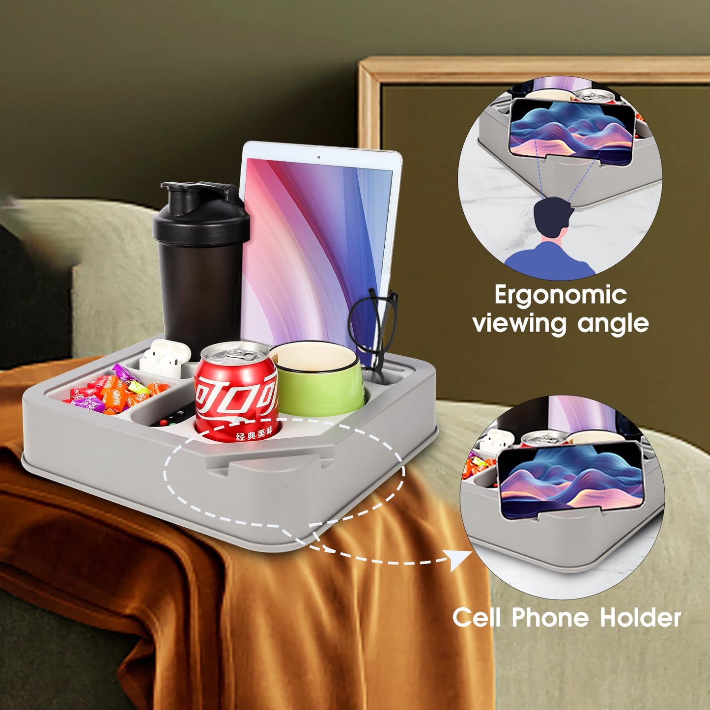 Couch Cup Holder Bed Caddy Couch Caddy Couch Tray Cup Holder for Couch,Couch Caddy with Cup Holder for Remote Phone Tablet Beverage Snack Gray.