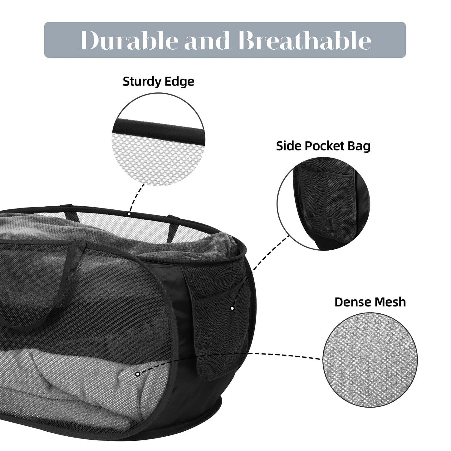 4 Pcs Durable Collapsible Laundry Baskets, Foldable Laundry Basket Large Opening, Pop Up Laundry Hamper with Pocket, Clothes Hamper with Handles for Laundry, Bathroom, Kids Room, Dorm or Trave