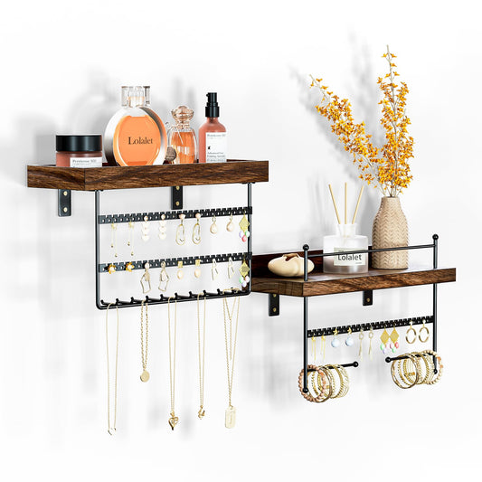 Lolalet Hanging Jewelry Organizer Wall Mount with Earrings, Bracelets, Necklaces Hooks - Easy Install Free Combination Jewelry Holder for Wall Bathroom - Set of 2, Brown