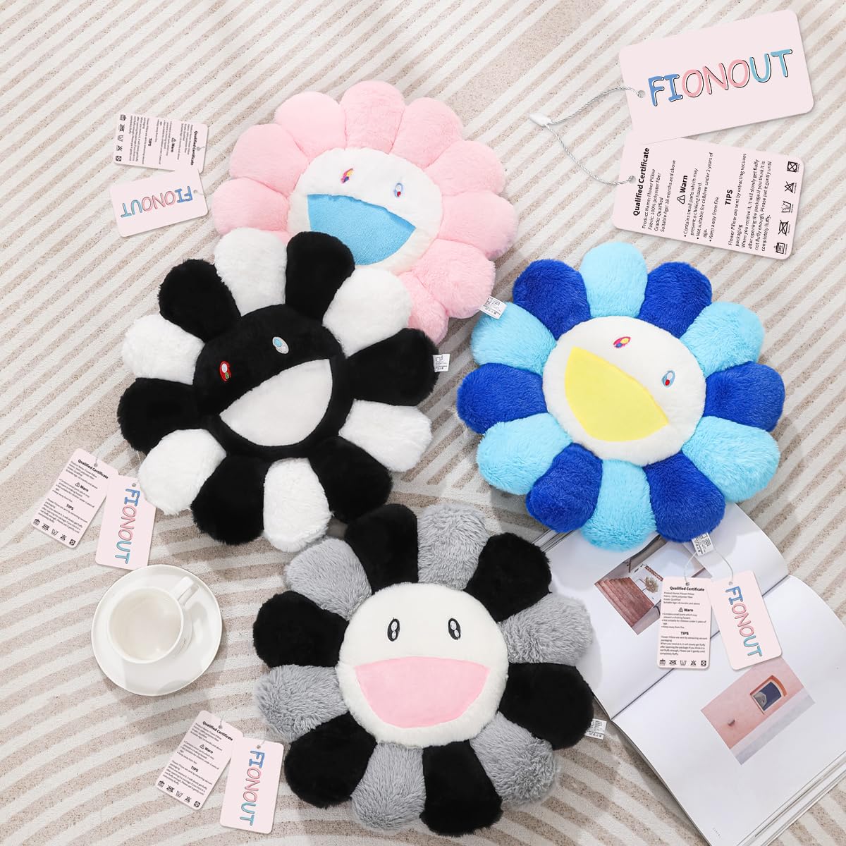FIONOUT 2Pcs Smile Face Floor Cushion Pillow - Sunflower Plush Pillow for Girls, Extra Soft Fluffy Flower Cushion for Bedroom, Chair or Car Decor
