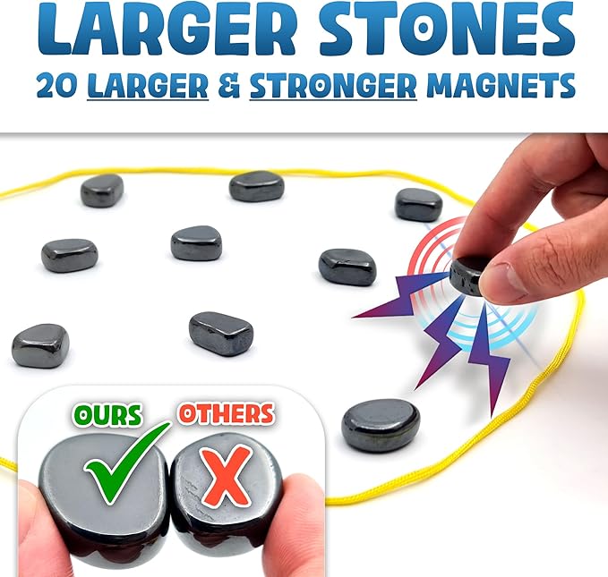 Upgraded (Multi-Level) Magnet Chess Game with String & Stones - Clear & Simple Instructions | Premium Set with 20 Larger & Stronger Stones, Adjustable Rope, 2 Dice & Travel Pouch | 5 Sets