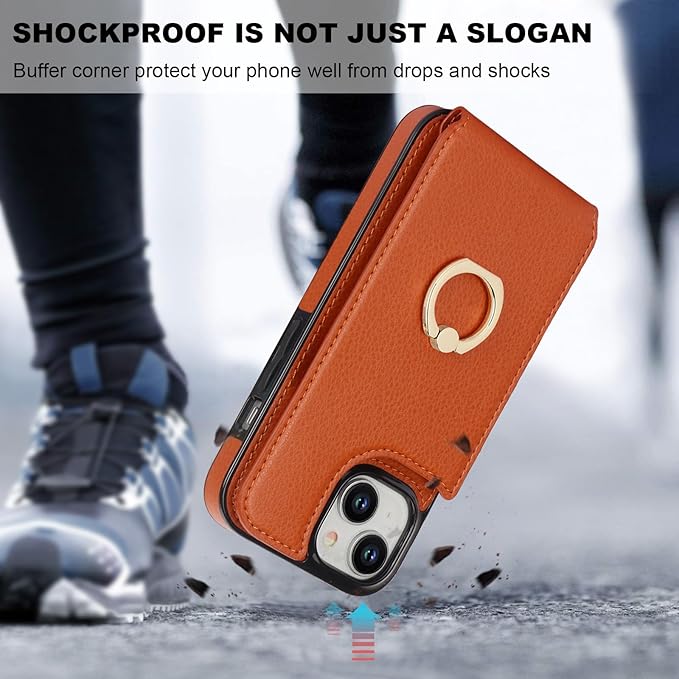 Folosu Compatible with iPhone 15 Case Wallet with Card Holder, 360°Rotation Finger Ring Holder Kickstand, RFID Blocking Leather Protective Double Buttons Shockproof Cover 6.1 Inch Brown