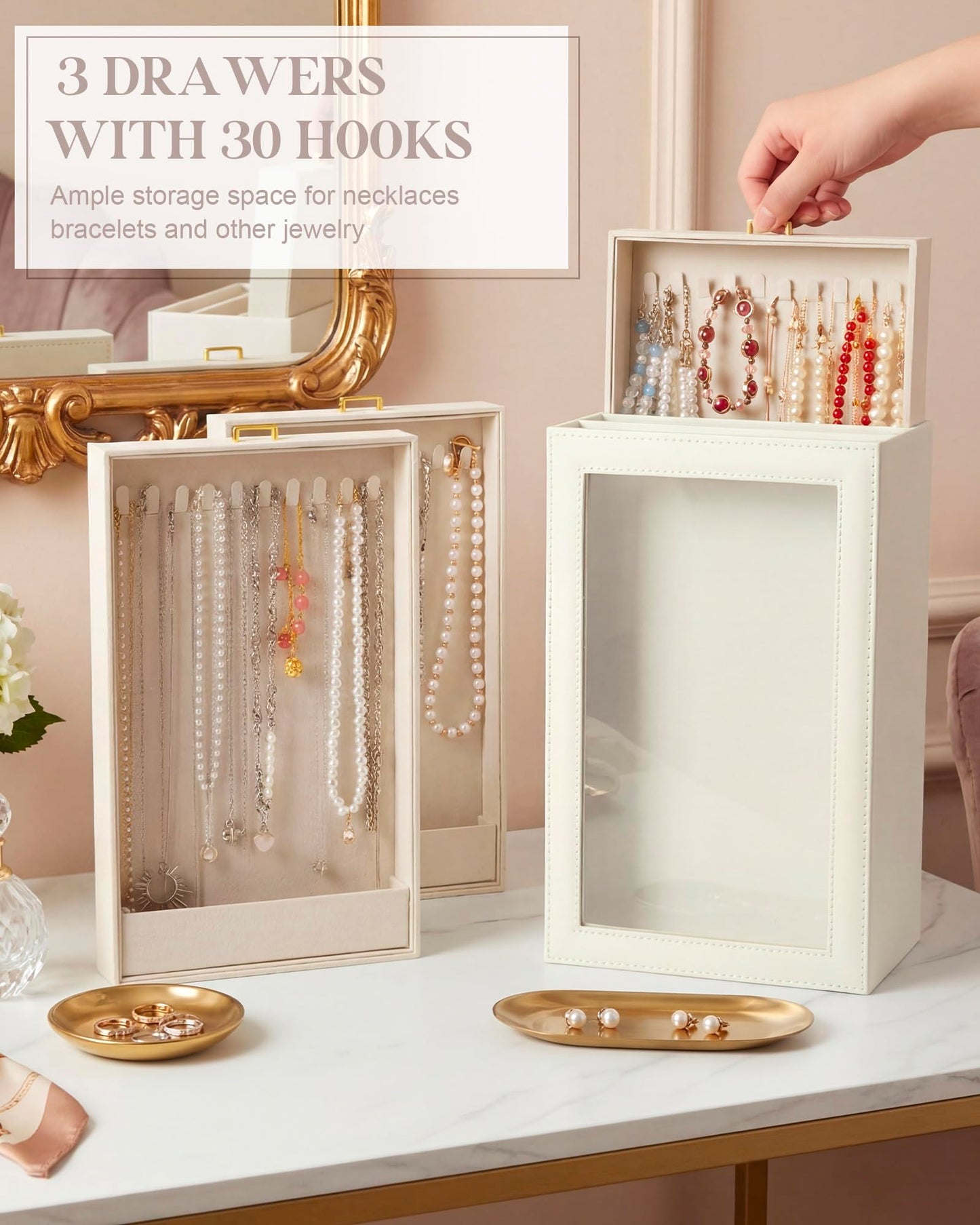 Huquary 3 Layer Vertical Necklace Holder Organizer Box 12.6" x 7.9" x 5", 30 Hooks PU Necklace Storage Box with Clear Lid Necklaces Display Case for Jewelry Organizer Storage Women Gift(White)