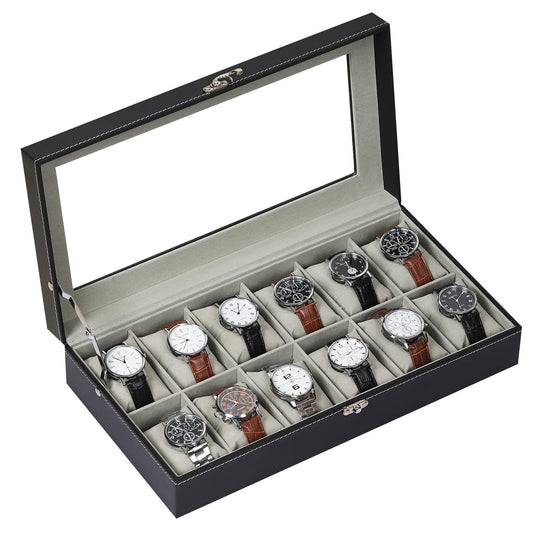 AUTOARK Leather & Velvet 12 Watch Box Glass Top Jewelry Display Lockable Case Organizer,Removable Watch Pillows,Black,MKAW107