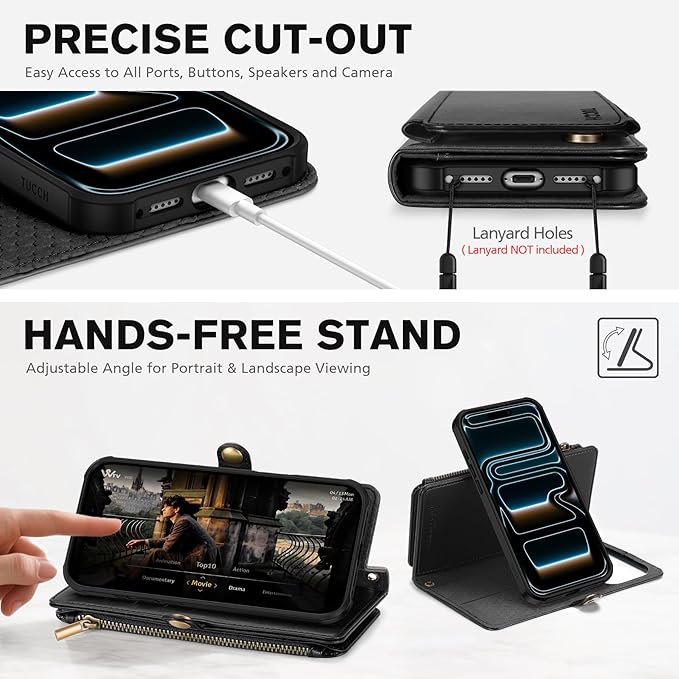 TUCCH Crossbody Detachable Wallet Case for iPhone 17 Pro Max 6.9" 2025, 10 Card Slots RFID Blocking | Wireless Charging | Wrist Strap | Lanyard | Stand | Zipper Pocket | PU Leather Phone Cover | Black